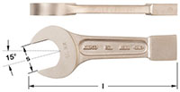 AMPCO Wrench Striking Open End NonSparking; close-up of open-end striking wrench showing detailed markings and size specifications on its jaw and handle.